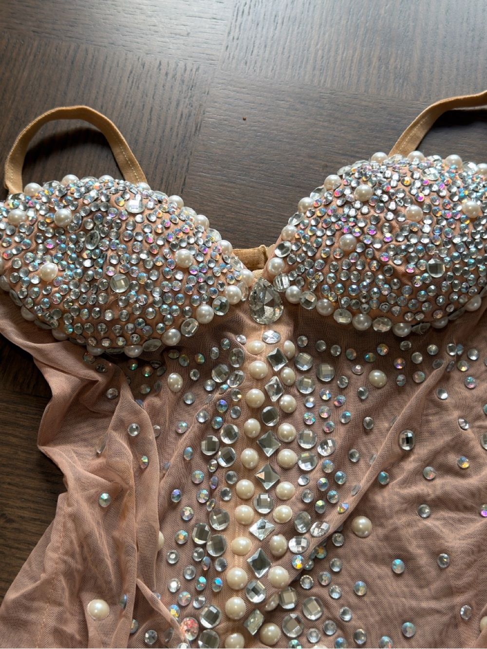 Rhinestone Crystal Embellished Nude Stretch Bodysuit One Piece Costume - Picture 3 of 11